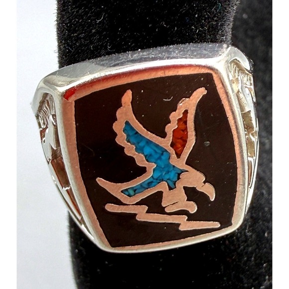 CO 85 Other - Vintage CO 85 Eagle Thunderbird Inlay Signet Ring Silver Tone Black Size 6.5
